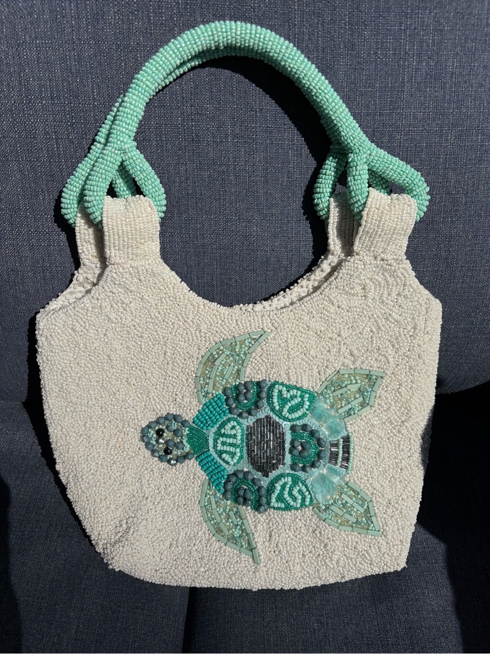 White Beaded Turtle Tote with Mint Handles